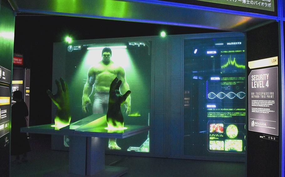 Marvel Cinematic Universe's Hulk stands on a video display at the Avengers S.T.A.T.I.O.N. exhibit at the EJ Anime Museum in Tokorozawa, Japan, on Oct. 11, 2022.