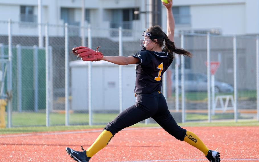 Kadena freshman right-hander Julia Petruff kicks and delivers against Yokota during Friday's playoff game in the All-DODEA-Japan softball tournament. Yokota outlasted Kadena 12-8.