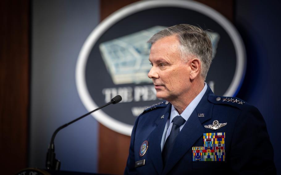 Air Force Gen. Glen VanHerck, commander of U.S. Northern Command and North American Aerospace Defense Command, speaks to reporters during a news briefing from the Pentagon, Washington, D.C., on March 16, 2021. 