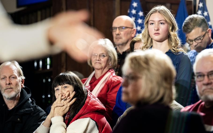 Attendees listen to Nikki Haley speak during a town hall in Clear Lake, Iowa, on Dec. 9, 2023.