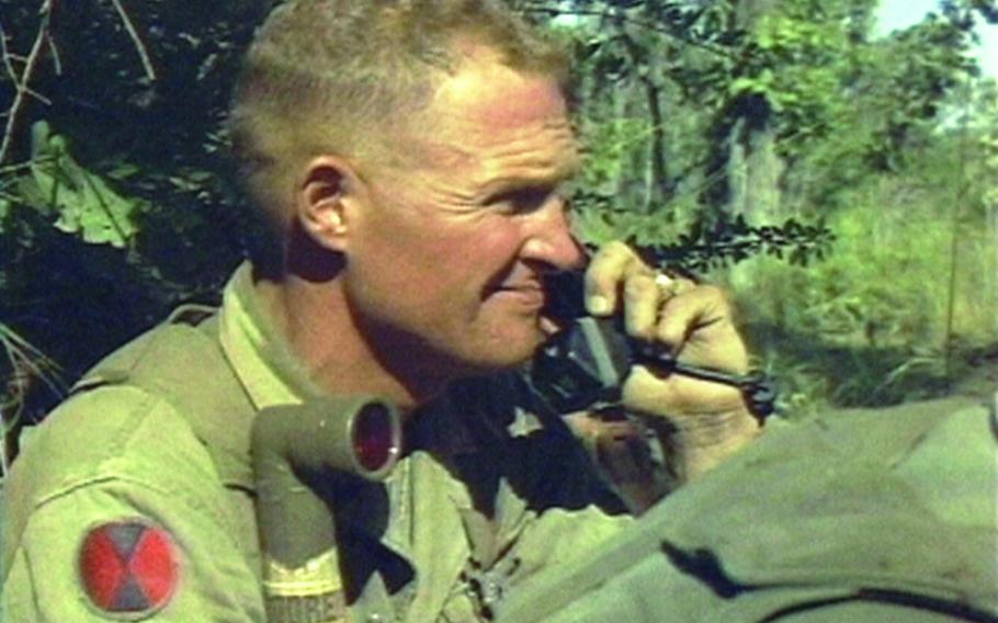 Lt. Col. Hal Moore, commander of the 1st Battalion, 7th Cavalry, on the radio during the fight for LZ X-Ray in the Ia Drang Valley of Vietnam. Photo extracted from U.S. Army motion picture footage from November 1965.