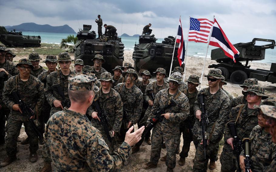 U.S. Marines gather after exercises in the coastal Thai province of Rayong in February 2020.