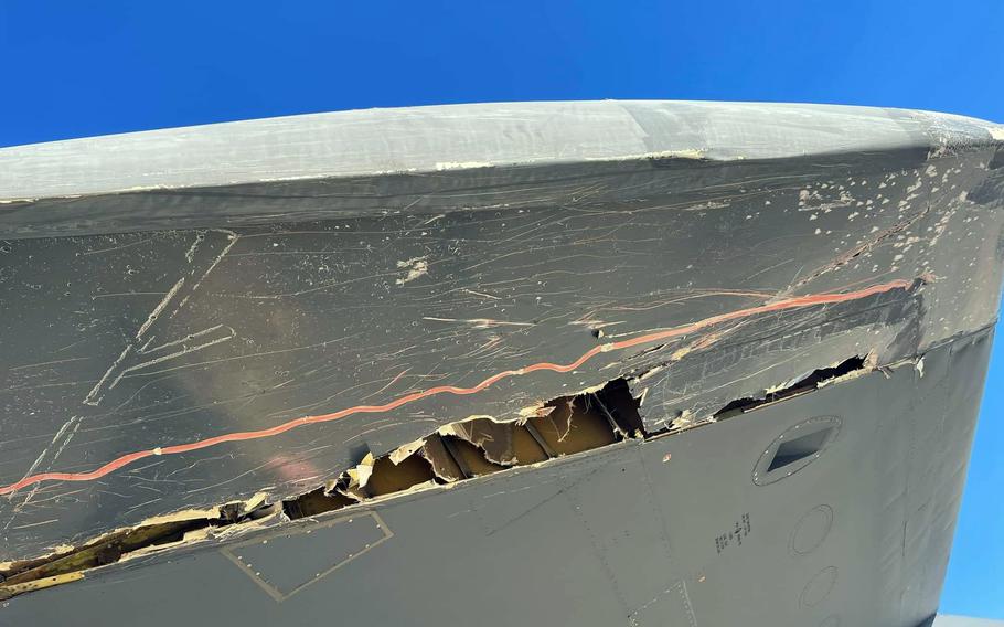 The Air Force is investigating damage to the wing of this B-52 bomber sustained on Nov. 12, 2021, while it was being towed at Barksdale Air Force Base, La.