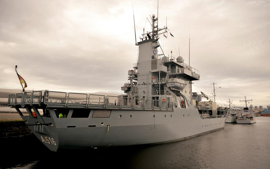 The German navy ship Donau, along with ships from France and Estonia, pull into King George V Docks for Sea Breeze 2024 in Glasgow, Scotland, June 21, 2024. Sea Breeze is a joint mine countermeasure exercise.