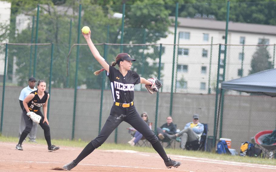Vicenza's Rielynn Casper goes through her delivery in the championship game of the DODEA-Europe Division II/III softball tournament at Kaiserslautern, Germany on Friday, May 23, 2025.