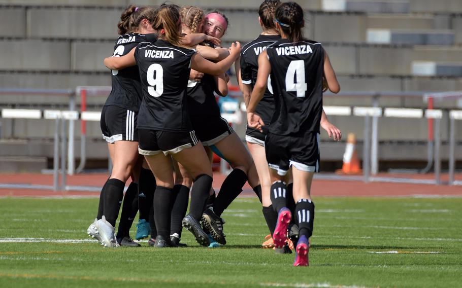 The Vicenza Cougars celebrate their Division II title after defeating Aviano 2-0 at the DODEA-Europe soccer championships in Kaiserslautern, Germany, Thursday, May 19 2022. Vicenza defeated Aviano 2-0 to take the title.