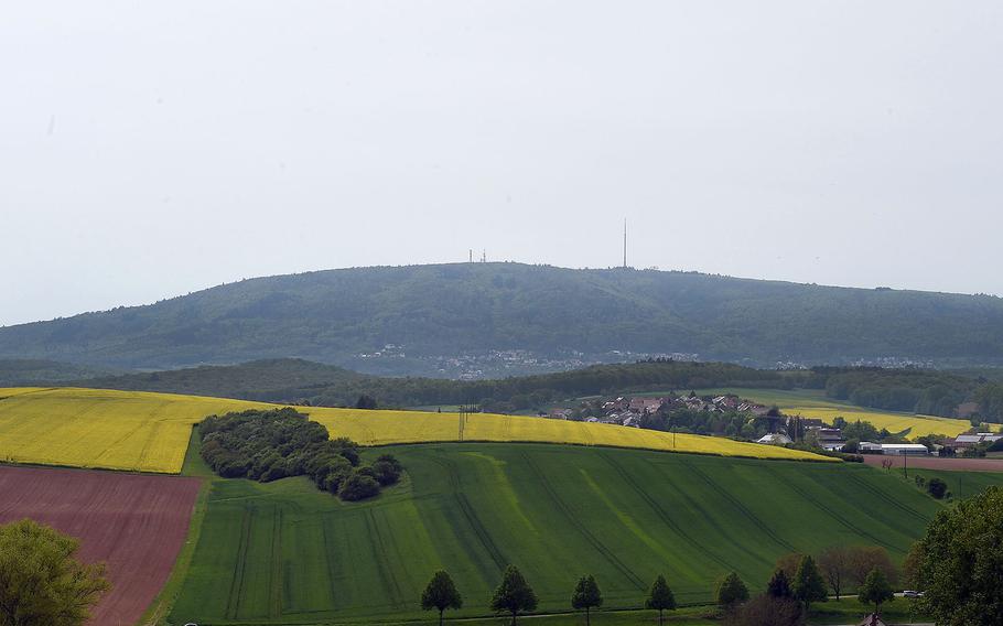 This photo shows the Donnersberg from a distance east of the mountain on a bike path north of Marnheim, Germany. The highest point in the Pfalz region, the Donnersberg can be seen west of autobahn A63 heading north of Kaiserslautern.