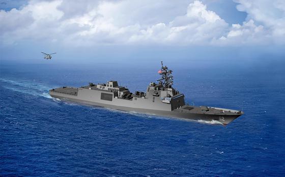 An artist rendering of the Constellation-class multi-mission guided-missile frigate being developed by Fincantieri Marinette Marine for the U.S. Navy. Construction on the first ship began Aug. 31, 2022.

