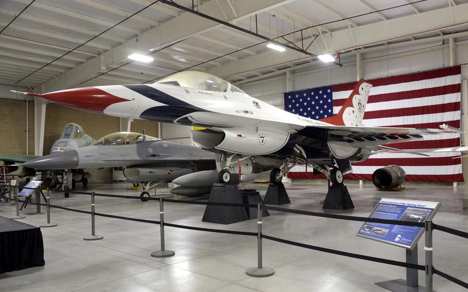 An F-16A Fighting Falcon flown by the Thunderbirds aerial demonstration team from 1983-1992 is on display in the Hill Aerospace Museum at Hill Air Force Base, Utah.