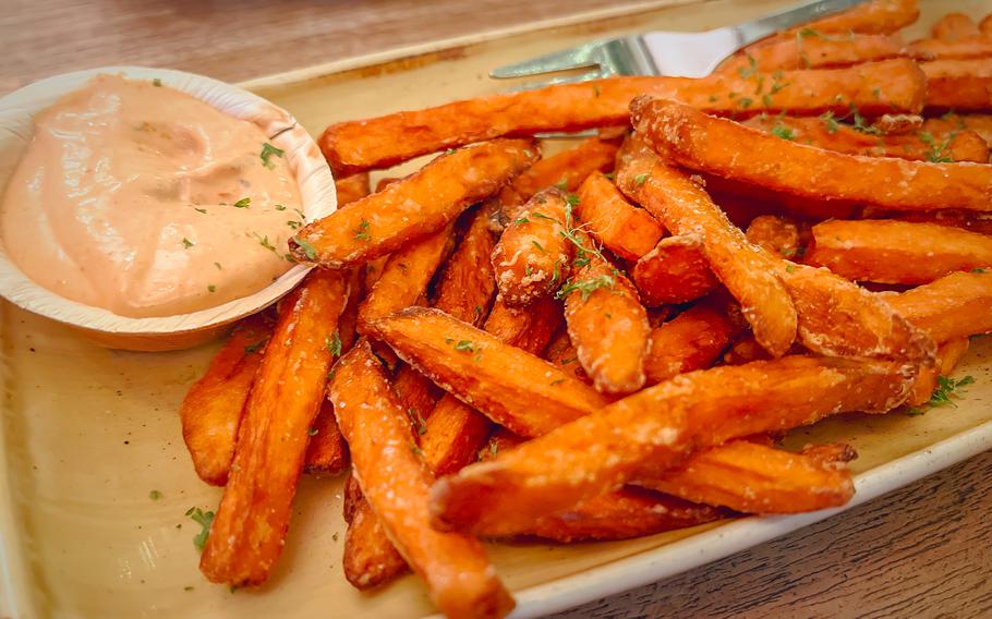 Sweet potato fries served with house-made chipotle aoli at El Burro Restaurant and Bar on Nov. 20, 2022, in Mainz, Germany. Dip choices include bean puree, mango ginger chutney and homemade guacamole, among others.