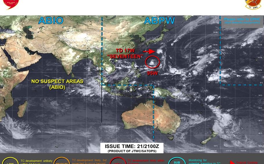 Two tropical depressions form in a span of about 12 hours in northwest Pacific; neither pose major typhoon-like threat to U.S. bases in Japan and Okinawa at the moment.