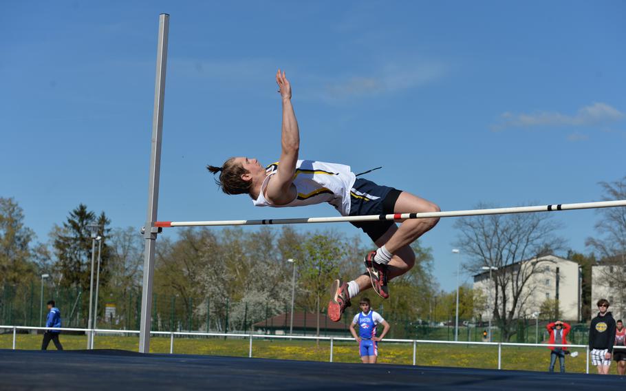 Ansbach’s Lucas Morecraft clears the bar during the high jump event at the Kaiserslautern Track and Field Invitational on Saturday, April 16, 2022, in Kaiserslautern, Germany. 