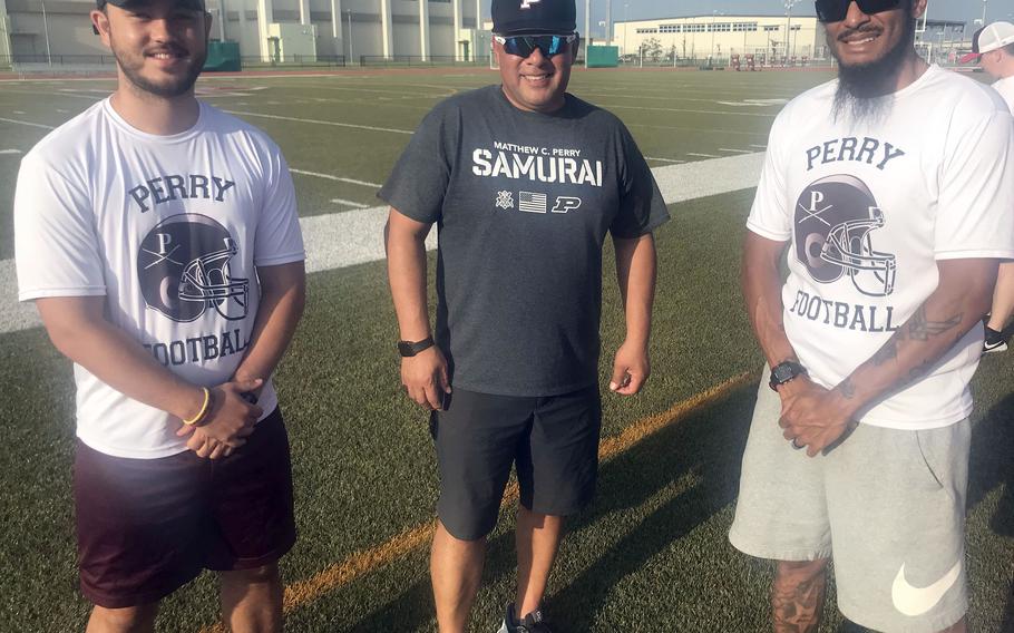 Matthew C. Perry offensive coordinator Daniel Burns, left; departing head coach Frank Macias, center; and Billy Henry, the defensive coordinator who takes over as head coach.