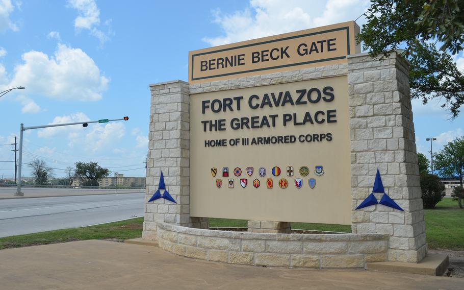Entrance to Fort Cavazos, Texas, where two soldiers each face a court-martial in the shooting death of a sergeant.