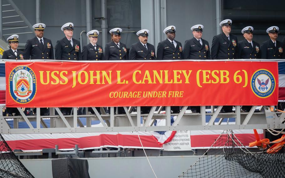 Sailors assigned to the USS John L. Canley “bring the ship to life” during a commissioning ceremony, Feb. 17, 2024, at Naval Air Station North Island, Calif. The ship is named for Marine Corps Sgt. Maj. John L. Canley, who was awarded the Medal of Honor in 2018 for his actions in 1968 during the Battle of Hue in Vietnam.