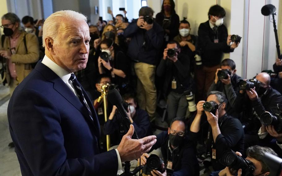 President Joe Biden speaks to the media after meeting privately with Senate Democrats, Thursday, Jan. 13, 2022, on Capitol Hill in Washington. (AP Photo/Andrew Harnik)