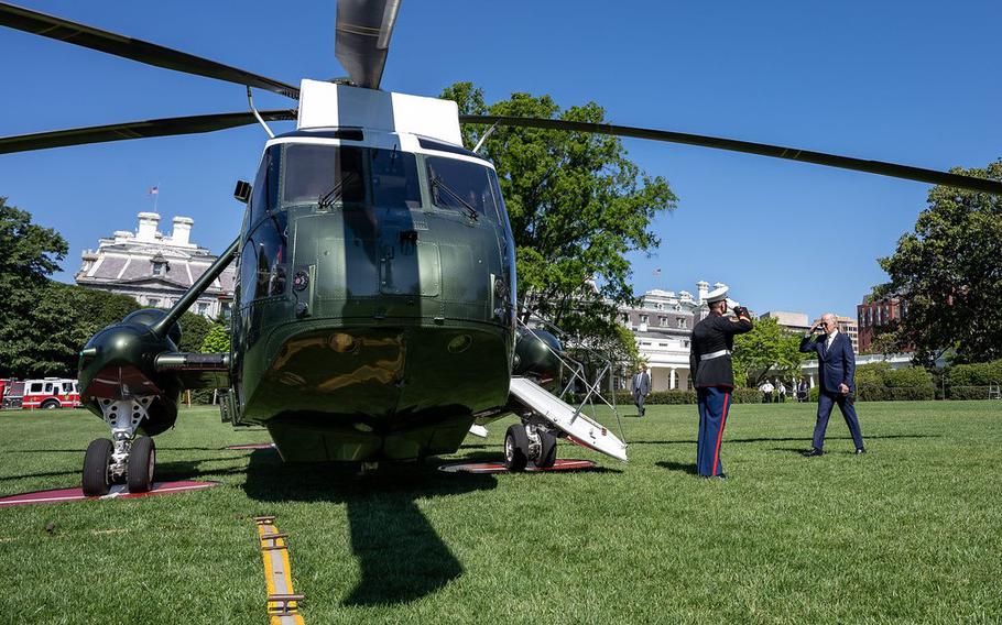 President Joe Biden boards Marine One in May 2022 on the South Lawn of the White House. 