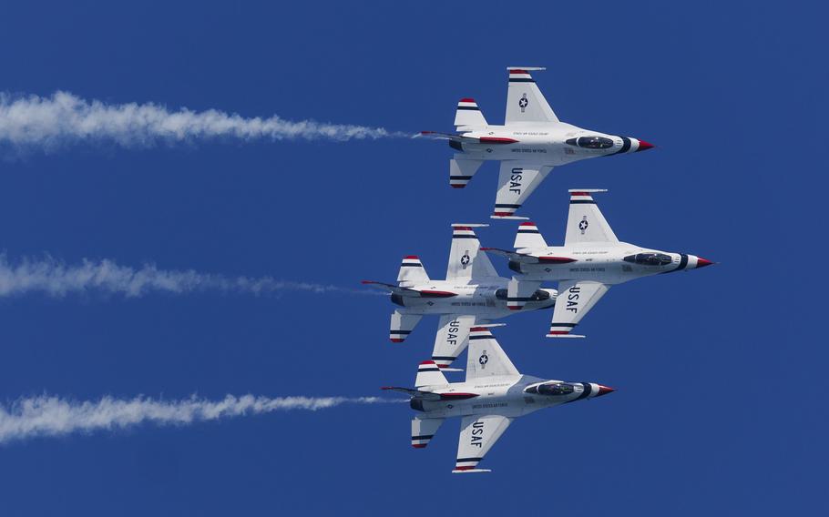 U.S. Air Force Thunderbirds perform during the Chicago Air and Water Show near North Avenue Beach in Chicago on Aug. 20, 2023. The Thunderbirds will headline the 2023 Cleveland National Air Show, Sept. 2-4.