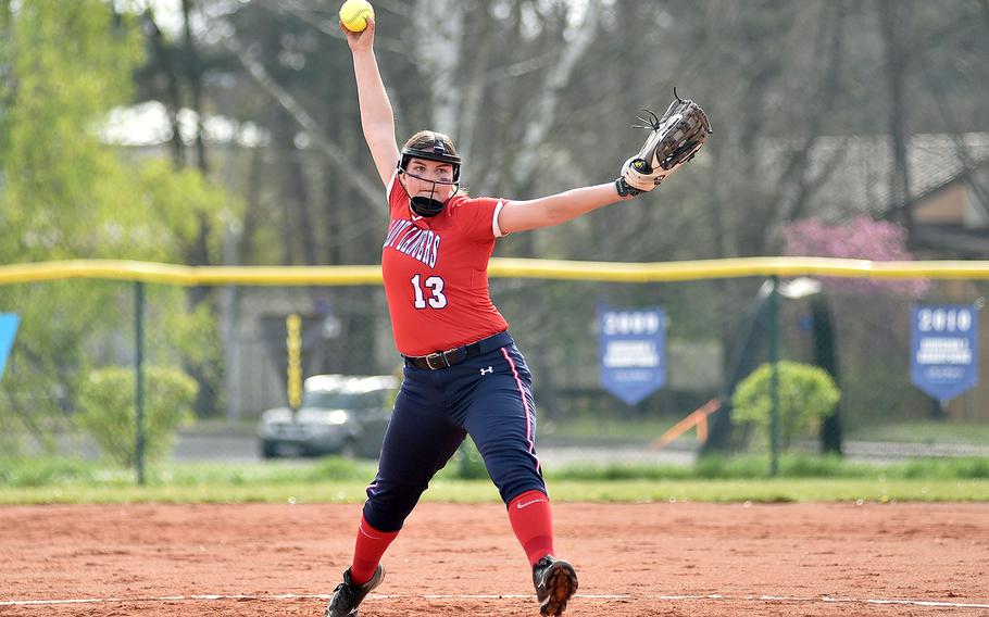 Lakenheath's Sarah Branthover tosses a pitch during the first game of an April 13, 2024, doubleheader against Ramstein on Ramstein Air Base, Germany.