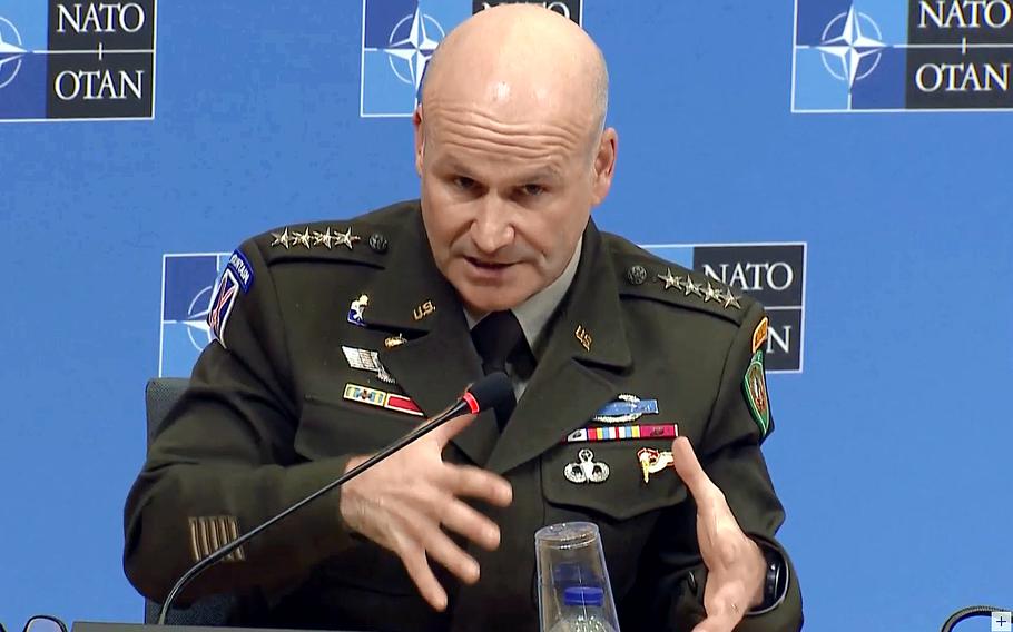 In this screenshot, Army Gen. Christopher Cavoli, commander of U.S. troops in Europe and NATO’s supreme allied commander, talks with reporters on Jan. 19, 2023, following a two-day meeting of allied military leaders at NATO headquarters in Brussels.