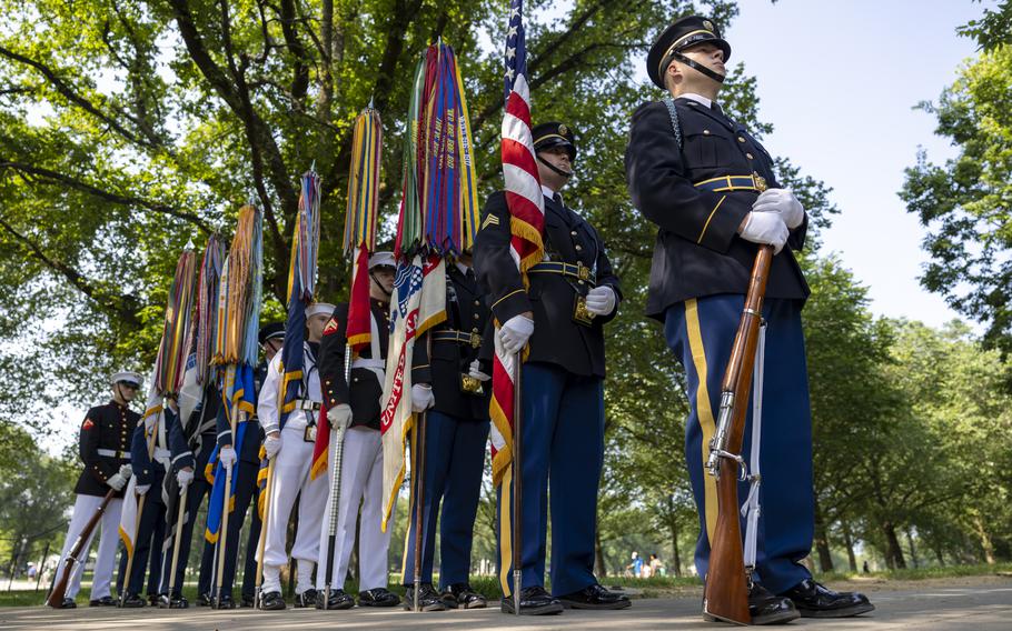 A military honor guard, as seen from the ground level.