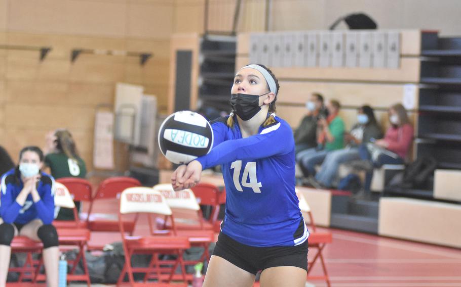 Brussels' Hannah Thompson bumps the ball at the DODEA-Europe Division III tournament in Kaiserslautern, Germany on Friday, Oct. 29, 2021.