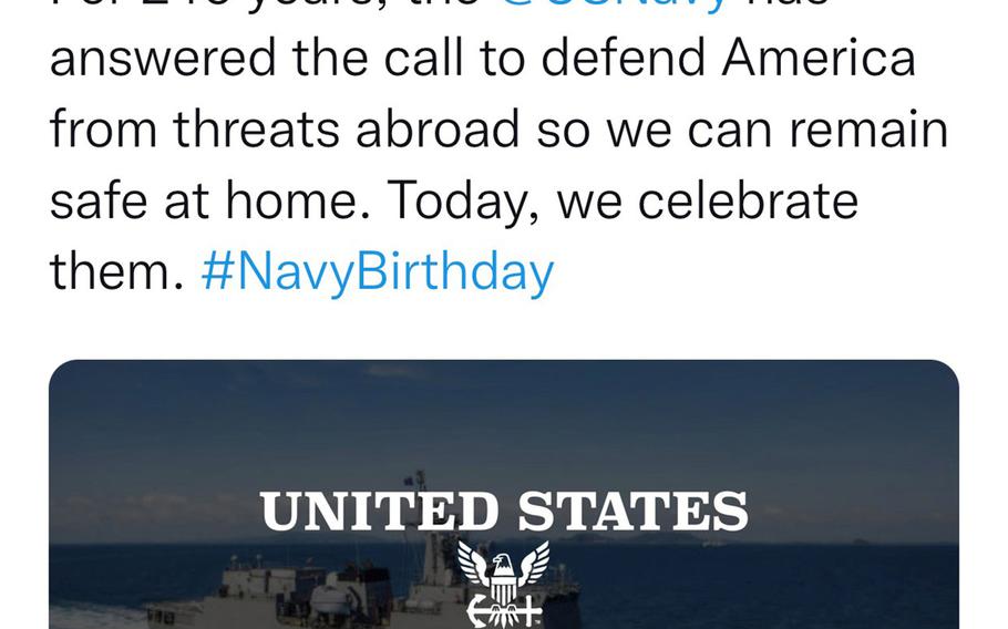 This screenshot of an Idaho U.S. senator’s now-deleted Twitter birthday greeting to the U.S. Navy on Wednesday, Oct. 13, 2021, features a photo of a Chinese-made warship.