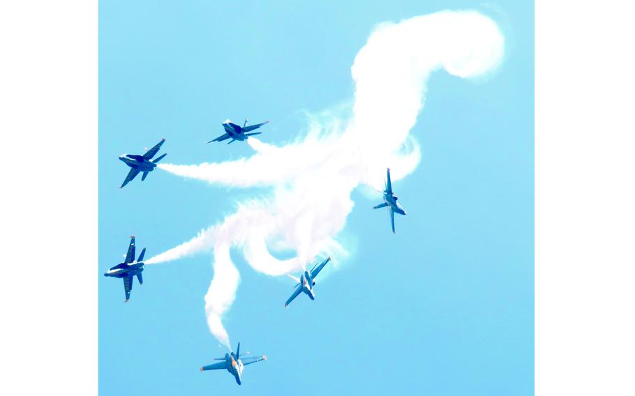 The Blue Angels demonstration team performs one of their close-contact maneuvers as part of the U.S. Naval Academy’s Commissioning Week festivities in Annapolis, Md., May 20, 2015. The Blue Angels will headline the Great Pocono Raceway Airshow in Long Pond, Pa., Saturday and Sunday, May 27-28, 2023. 
