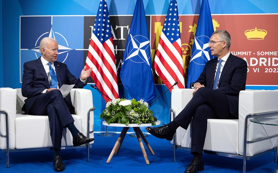 NATO Secretary-General Jens Stoltenberg meets with President Joe Biden at the NATO Summit in Madrid on Wednesday, June 29, 2022.