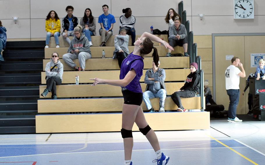 Wiesbaden’s Lyndsey Urick, playing for Team Purple, serves during the DODEA-Europe all-star match Saturday at Ramstein High School on Ramstein Air Base, Germany.