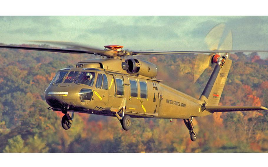 A helicopter in flight.