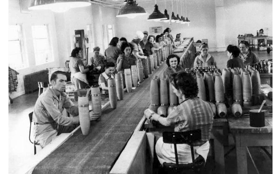 A World War II era image shows munitions production at Redstone Arsenal in Alabama in the 1940s.