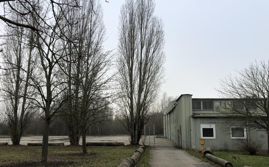 Hangars that once housed U.S. military helicopters remain at Alter Flugplatz in Frankfurt, Germany. The former airfield is now a park and event space.