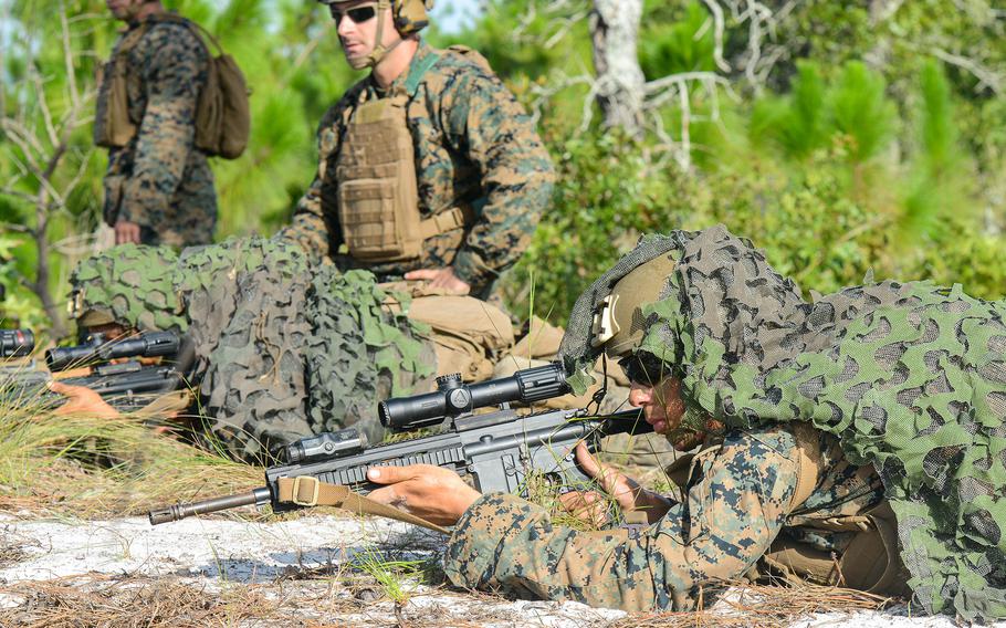 
Marine infantry students at Camp Lejeune, N.C., practice setting up an ambush, as their instructor looks on, in a live-fire training event Aug. 27, 2021, during their 12th week of initial infantry training as part of a pilot program meant to drastically change the way the Corps trains its infantrymen. The pilot program expands infantry training from nine to 14 weeks and places Marines in 14-person squads under a single instructor.