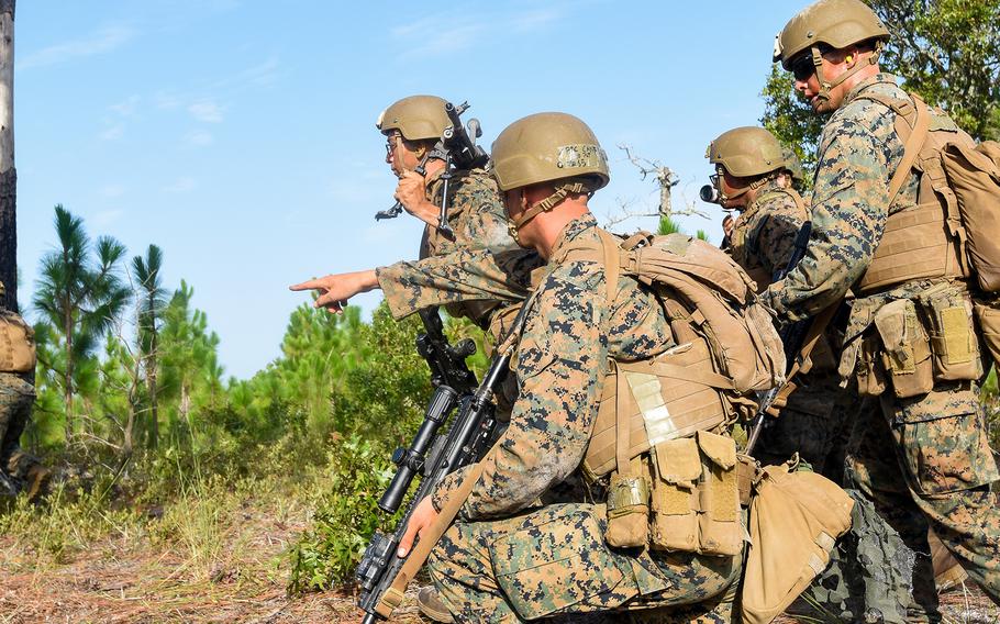 Marine infantry students at Camp Lejeune, N.C., practice setting up an ambush in a live-fire training event Aug. 27, 2021, during their 12th week of initial infantry training as part of a pilot program meant to drastically change the way the Corps trains its infantrymen. The pilot program expands infantry training from nine to 14 weeks and places Marines in 14-person squads under a single instructor.