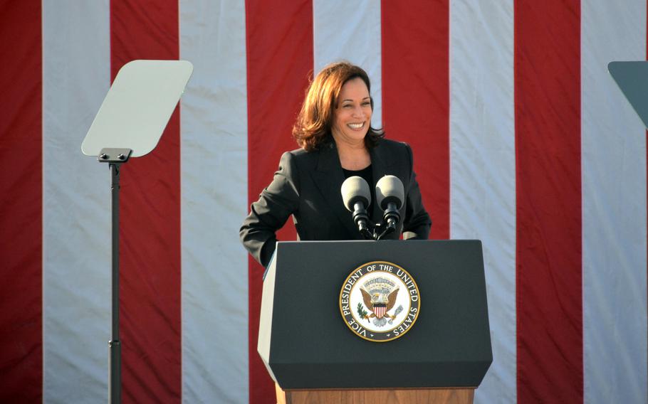 Vice President Kamala Harris smiles while speaking to sailors aboard the destroyer USS Howard at Yokosuka Naval Base, Japan, Wednesday, Sept. 28, 2022.