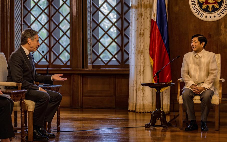 Secretary of State Antony Blinken speaks during a meeting with Philippine President Ferdinand “Bongbong” Marcos Jr. at Malacanang Palace on Saturday, Aug. 6, 2022, in Manila, Philippines. 