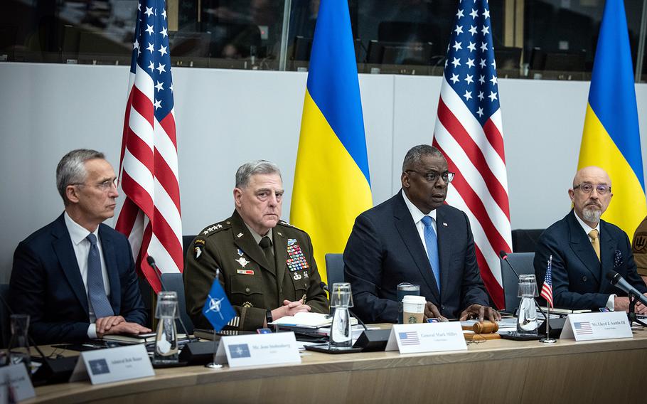 NATO Secretary-General Jens Stoltenberg, Joint Chiefs chairman Gen. Mark Milley, Defense Secretary Lloyd Austin and Ukrainian Defense Minister Oleksii Reznikov, from left, attend the Ukraine Defense Contact Group meeting in Brussels on Thursday, June 15, 2023.