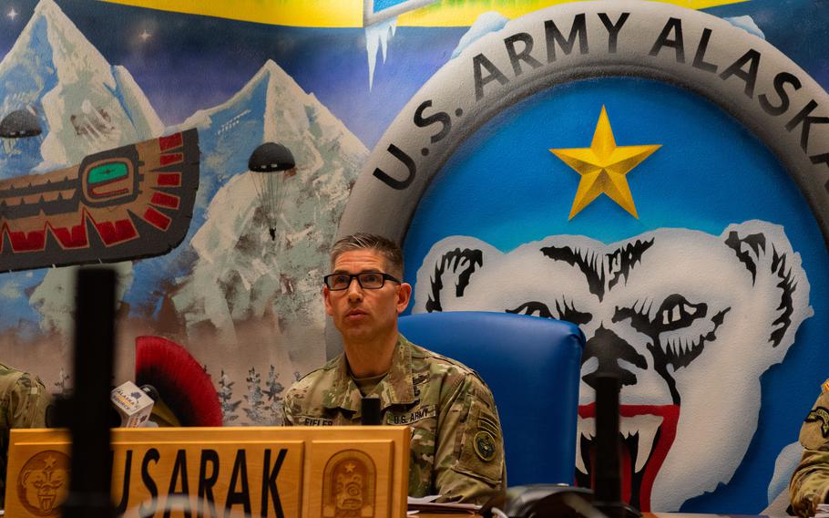 Maj. Gen. Bryan Eifler, commander of U.S. Army Alaska, speaks at Joint Base Elmendorf-Richardson, Alaska, Feb. 25, 2022, during a media roundtable about measures being taken in Alaska to prevent suicides by soldiers. 