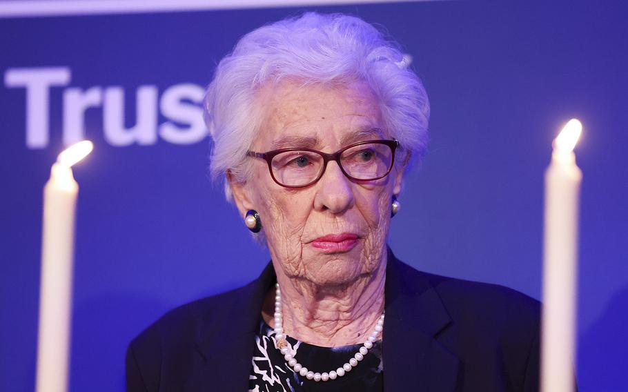 Eva Schloss MBE, stepsister of Anne Frank and honorary president of the Anne Frank Trust U.K., takes part in a candle lighting ceremony during a reception to mark Holocaust Memorial Day and the 75th publication of Anne Frank’s diary for the Anne Frank Trust at the InterContinental Hotel on Jan. 20, 2022, in London. 