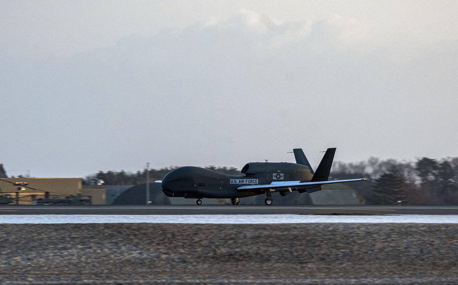 An RQ-4B Global Hawk surveillance drone lands at Misawa Air Base, Japan, March 12, 2022. It is the first of three that will be operated by the Japan Air Self-Defense Force. 