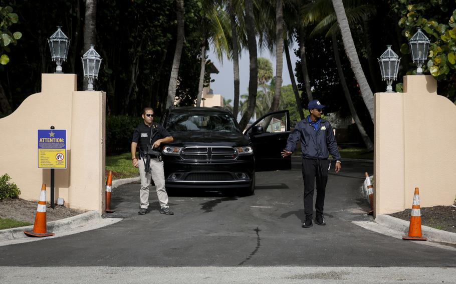 Secret Service and Mar-A-Lago security members at the entrance of former president Donald Trump’s house at Mar-A-Lago in Palm Beach, Florida, on Aug. 9, 2022.