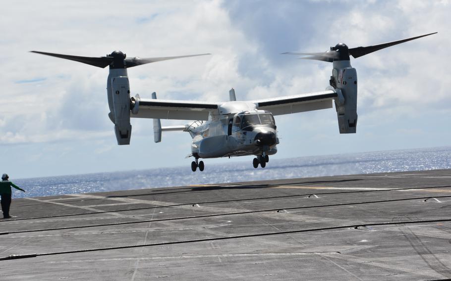 A tiltrotor CMV-22B Osprey lands on the flight deck of the USS Carl Vinson Aug. 14, 2021, as the carrier steamed north of Hawaii during Large-Scale Exercise 2021.