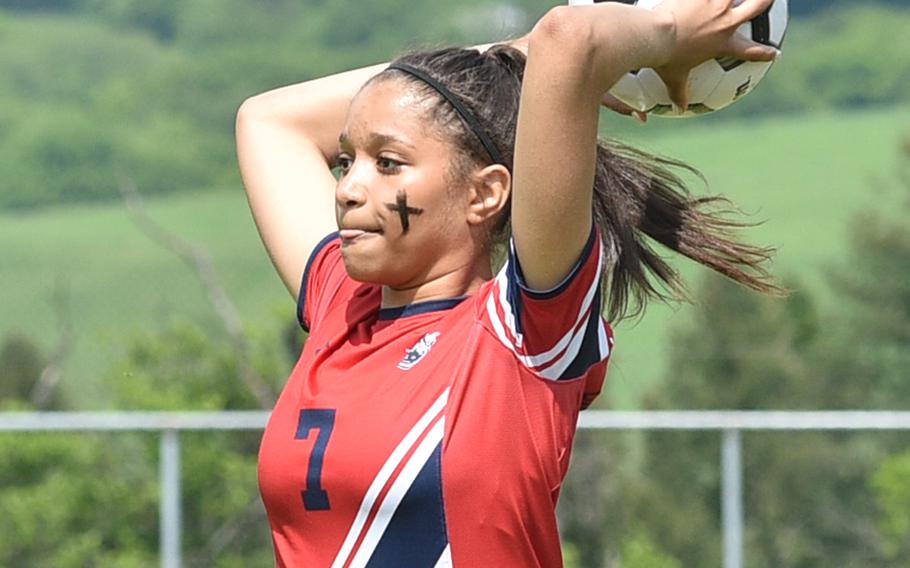 Lakenheath's A'Lydia McNeal throws in the ball during a pool-play game against SHAPE on May 15, 2023, in Reichenbach-Steegen, Germany.