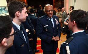 Air Force Chief of Staff Gen. CQ Brown Jr. greets University of Maryland ROTC cadets before a ceremony in College Park, Md., on Jan 27, 2023. Brown unveiled the Brig. Gen. Charles McGee Leadership Award, which will provide up to $18,000 annually to all third- and fourth-year cadets selected for commissioning in the service when they graduate.