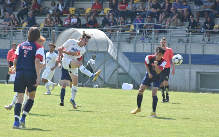 Sigonella's Jeremy Reardon takes a shot on goal Saturday, April 30, 2022, against the Aviano Saints. Reardon didn't score, but did convert a penalty kick a few minutes earlier.