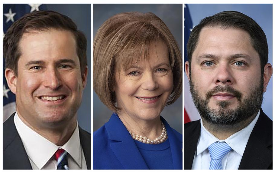 From left, Rep. Seth Moulton, D-Mass., Sen. Tina Smith, D-Minn., and Rep. Ruben Gallego, D-Ariz., have praised Sen. John Fetterman, D-Pa., for seeking help for his clinical depression. Moulton and Gallego, both Marine veterans have spoken of their struggles with PTSD.