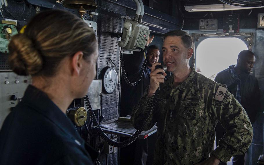Vice Adm. Brad Cooper, commander of U.S. Naval Forces Central Command, U.S. 5th Fleet and Combined Maritime Forces, speaks to the crew aboard the destroyer USS Gridley on March 25, 2022, in the Strait of Hormuz. The Combined Maritime Forces will add another task force to patrol the Red Sea and its surrounding waterways, Cooper said April 13.