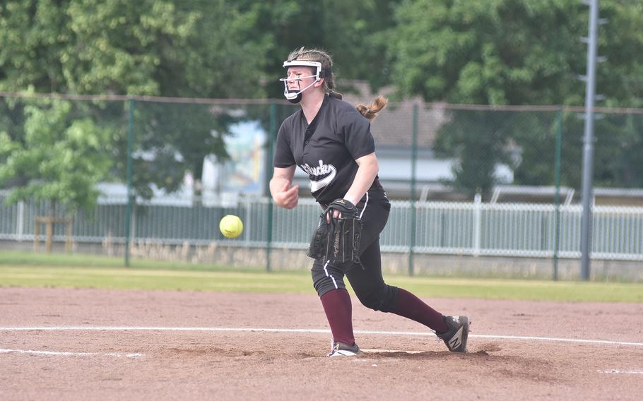 Vilseck freshman Lily Bravo pitched and ran the Falcons to a 5-4 victory over Wiesbaden on Saturday, May 21, 2022, in the DODEA-Europe Division I title game at Kaiserslautern, Germany.
