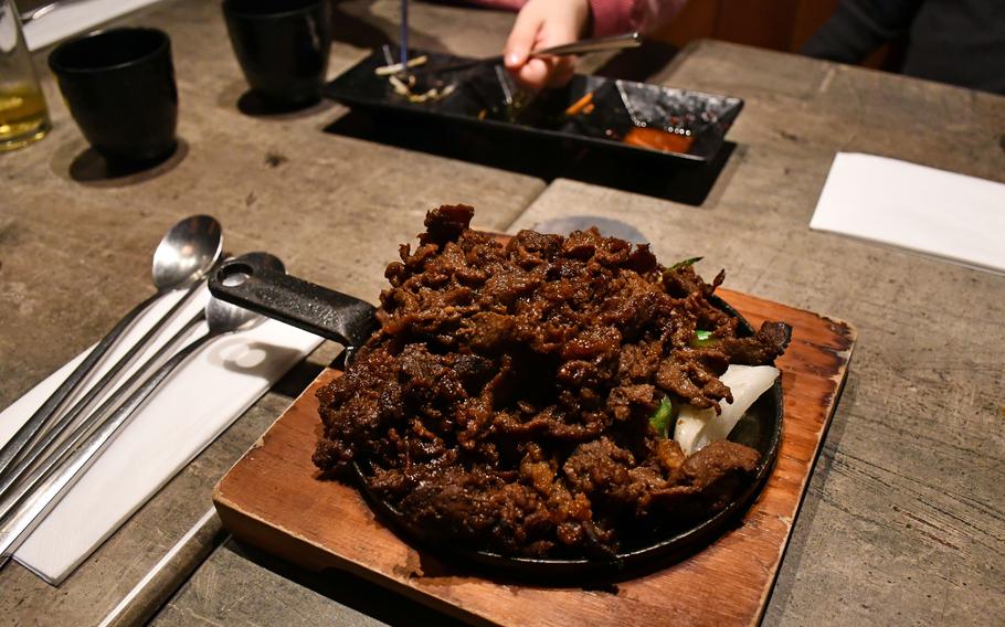 A two-person beef bulgogi platter served Feb. 21 at the Cambridge location of Yori, a British chain of Korean eateries. It was well-seasoned and tasty, with a sauce that was savory, slightly sweet and tangy but at the same time slightly overcooked.